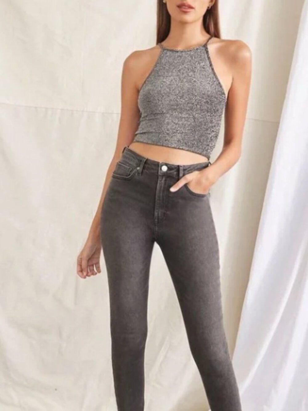 Forever 21 Silver Glitter Knit Cropped Cami Top Crop Black - Picture 5 of 9